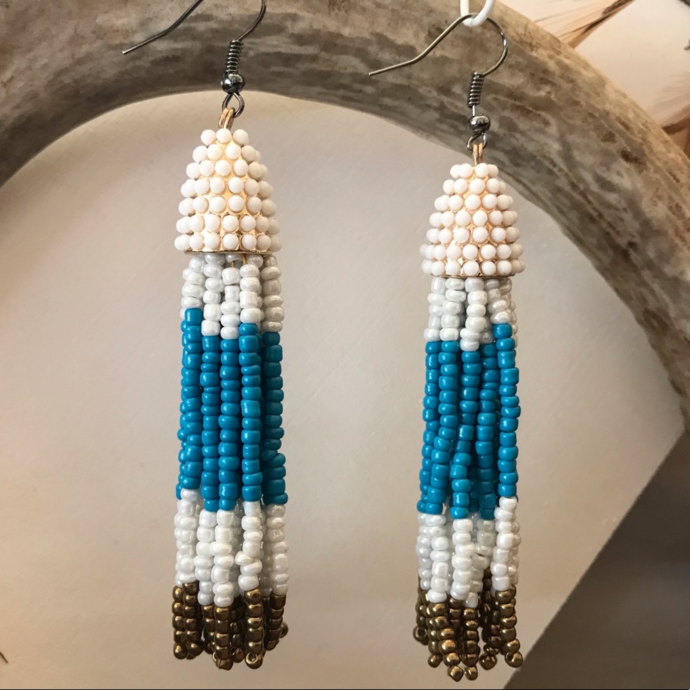 Turquoise white and bronze bead tassel earrings